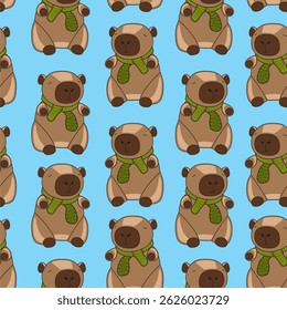 Seamless pattern. Cute animal capybaras on light blue background. Vector illustration for design, wallpaper, packaging, textile.