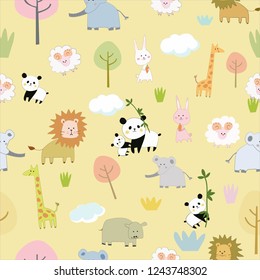 seamless pattern cute animal cartoon in big zoo,happy animal in forest,illustation vector comic art.