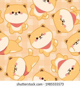 Seamless pattern of cute animal cartoon character design.Shiba inu dog.Japanese.Art.Wallpaper.Banner.Card.Image.Baby.Kid.Background.Kawaii.Vector.Illustration.Illustrator.