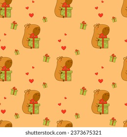 Nahtloses Muster. Cute Tiercartoon Capybara mit Geschenk auf gelbem Hintergrund mit Herzen. Vektorgrafik für festliches Design, Tapete, Verpackung, Textilien. Kinderkollektion