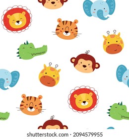 Patrón sin brillo con personajes animales lindos. León gracioso kawaii, tigre, jirafa, elefante, mono y cocodrilo. Patrón infantil. Rostros de animales salvajes. Ilustración vectorial sobre fondo blanco.