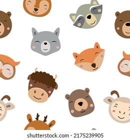 Seamless pattern with cute animal characters. Funny bear, fox, wolf, raccoon, owl. Children pattern. Faces of wild animals. Vector illustration on white background.