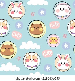 Seamless pattern of cute animal in circle with star on blue background.Rabbit,bear,chicken,cat face hand drawn.Image for card,poster,baby clothing.Kawaii.Vector.Illustration.