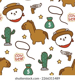 Seamless pattern of cute animal in cowboy concept on white background.Teddy bear face hand drawn.Horse,gun,star,money bag,cactus.Kawaii.Vector.Illustration.