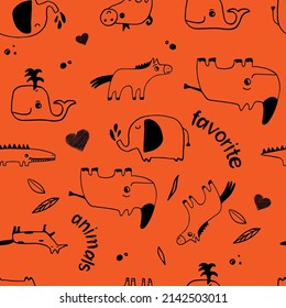 
Seamless pattern cute animal drawings: elephant, rhinoceros, fox, horse, pig, crocodile, whale on an orange background, children's print on fabric