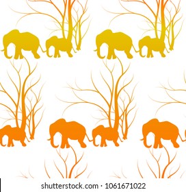 Seamless pattern with cute animal, Elephants. The elephant's baby with mother. A walk in the savannah, Vector flat background. Can be used for textile, website background, book cover, packaging