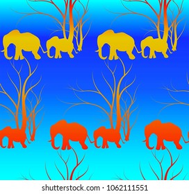 Seamless pattern with cute animal, Elephants. The elephant's baby with mother. A walk in the savannah, Vector flat background. Can be used for textile, website background, book cover, packaging