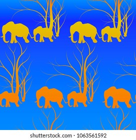 Seamless pattern with cute animal, Elephants. The elephant's baby with mother. A walk in the savannah, Vector flat background. Can be used for textile, website background, book cover, packaging