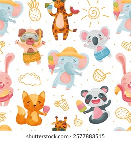 Seamless Pattern with Cute Animal Enjoy Summer Vector Template