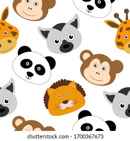 Seamless pattern Cute Animal Face Vector Children Illustration Lemur Monkey Lion Panda Giraffe