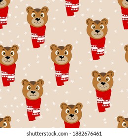 Seamless pattern with cute animal face on color background. Bear in a winter scarf. Merry Christmas and New year vector illustration for fabric, textile wallpaper, poster, gift wrapping paper.