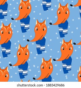 Seamless pattern with cute animal face on color background. Fox in a winter scarf. Merry Christmas and New year vector illustration for fabric, textile wallpaper, poster, gift wrapping paper.