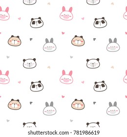 Seamless Pattern of Cute Animal Face Design on White Background with Hearts