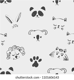 Seamless pattern of cute animal faces for t shirt, notebooks, card, fabric, fashion design. Trendy illustration tablet drawing freehand, imitation of children s drawings. Doodle art
