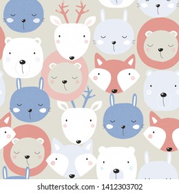 Seamless pattern with cute animal faces. Pastel kids textile print. Vector hand drawn illustration.