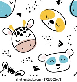 Seamless pattern with cute animal faces. Sloth, panda bear, giraffe and zebra in Scandinavian doodle style