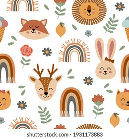 seamless pattern with cute animal faces and rainbows