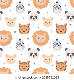 Seamless pattern with cute animal faces. The muzzle of a lion, tiger, zebra, mouse, panda on a white background. Vector for textiles and poster design, kids' clothing