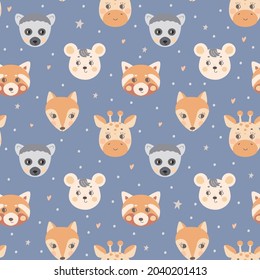 Seamless pattern with cute animal faces. The muzzle of a lemur, giraffe, fox, mouse on a gray-blue background. Vector for textiles and poster design, kids' clothing