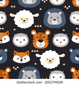 seamless pattern with cute animal faces, wallpaper with muzzles of lion, tiger, sheep, fox, bear and owl on dark background, vector for textiles and poster design, kids clothing