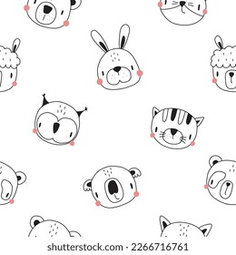 seamless pattern with cute animal faces. Nursery print for nursery in scandinavian style. For children's clothing, interior, packaging. Vector illustration isolated on white background.