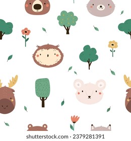 Seamless pattern with cute animal faces owl, moose, mouse, wolf, bear and trees. Cute background for kids products, textile, fabric, wrapping paper, decor.