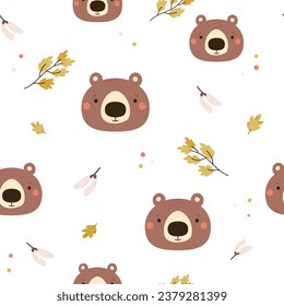 Seamless pattern with cute animal faces of bear and autumn leaves. Cute colorful background with adorable characters for kids products, textile, fabric, wrapping paper, decor.