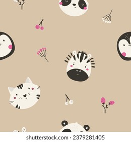 Seamless pattern with cute animal faces lion, cheetah, monkey, kangaroo and tropical trees. Cute background for kids products, textile, fabric, wrapping paper, decor.