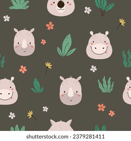 Seamless pattern with cute animal faces of hippo, rhino and koalas with tropical leaves. Cute colorful background for kids products, textile, fabric, wrapping paper, decor.