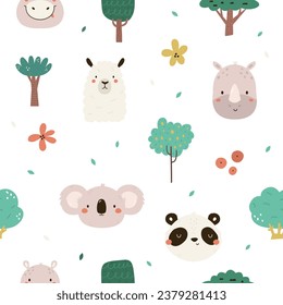 Seamless pattern with cute animal faces of koala, panda, llama, hippo, rhino and tropical trees. Cute background for kids products, textile, fabric, wrapping paper, decor.