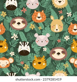 Seamless pattern with cute animal faces sloth, kangaroo, zebra, tiger, lion and opossum in lush foliage for kids products, textile, fabric, wrapping paper, decor.