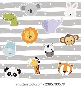 Seamless pattern cute animal faces icon set for kids. Can use for wrapping paper, fabric, textiles, packaging