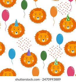 Seamless pattern with cute animal faces. Holiday illustration, birthday, balls, caps.