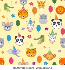 Seamless pattern with cute animal faces. Holiday illustration, birthday, balls, caps.