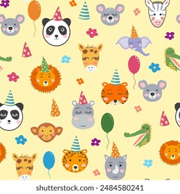 Seamless pattern with cute animal faces. Holiday illustration, birthday, balls, caps.