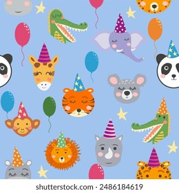 Seamless pattern with cute animal faces. Holiday illustration, birthday, balls, caps.