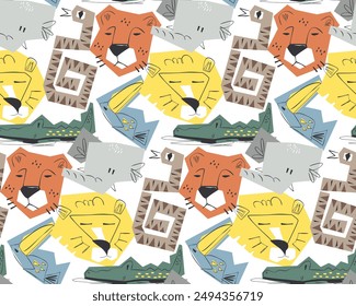 Seamless pattern, Cute animal faces with tiger, elephant, snake, toucan, lion, and crocodile isolated on white background illustration vector, Doodle children drawing.