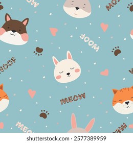 Seamless pattern with cute animal faces. Woodland animal heads cartoon background for kids textile, wrapping paper, wallpaper, fabric.