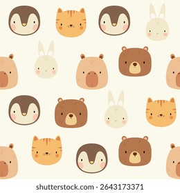 Padrão perfeito com rostos de animais bonitos. Creche.