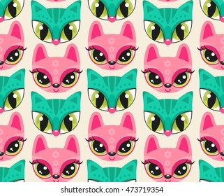 Seamless pattern with cute animal faces in flat style. Sea green cat and pink bunny - colorful animal with extremely big eyes