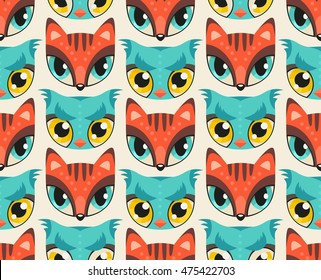 Seamless pattern with cute animal faces in flat style. Red fox and blue owl - colorful animal snouts with extremely big eyes