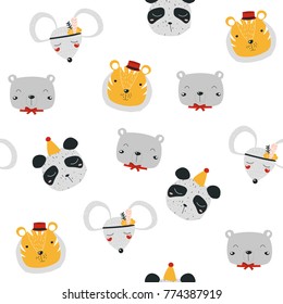 Seamless pattern with cute animal faces. Vector hand drawn illustration.