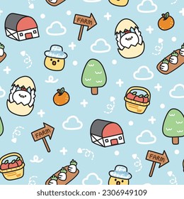 Nahtlose Muster süßer Tierfarm auf blauem Hintergrund.Hen und Küken handgezeichnet.Apfel, Orange, Baum, Radish.Babykleidung.Kawaii.Vector.Illustration.