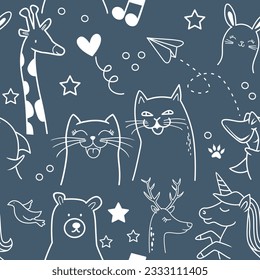 Seamless pattern of cute animal. Funny doodle animals.vector illustration