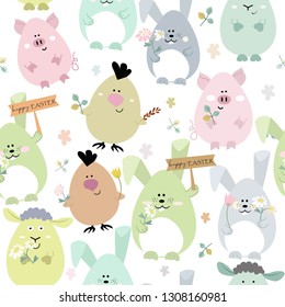 seamless pattern cute animal  happy on easter day. rabbit bunny,pig,chicken and sheep by egg shape are meeting,illustration vector comic art.