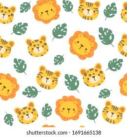 Seamless pattern with cute animal heads. Baby wild cat. Background with funy lion, leopard, tiger.Kids wallpaper. Cartoon vector illustration