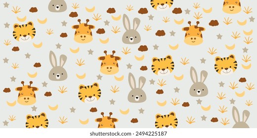 Seamless pattern with cute animal heads baby decoration vector