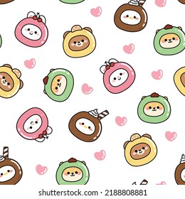 Seamless pattern of  cute animal in ice cream head costume with heart on white background.Funny cartoon character design.Repeat.Kawaii.Vector.Illustration.