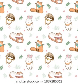 Seamless Pattern with Cute Animal Illustration Design on White Background