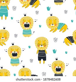 Seamless pattern with cute animal lion isolated on white background. vector illustration in a modern cartoon style, for printing on packaging paper, postcard, poster, banner, clothing. 